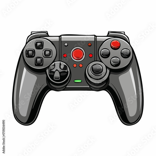 Vektor eines modernen Gamecontrollers, schwarz, mit Buttons und Joysticks.