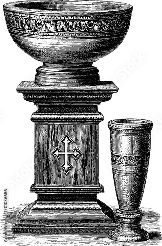 Vintage engraving of mortar and chalice for retro design and decorative art