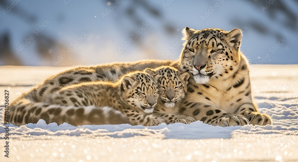 Obraz premium A mother snow leopard rests with her two cubs in a snowy, mountainous landscape.
