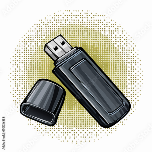 Vektor eines schwarzen USB-Sticks mit Kappe, kompakt und rechteckig.
