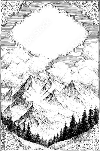 Exquisite vintage engraving of majestic mountain landscape for decorative design