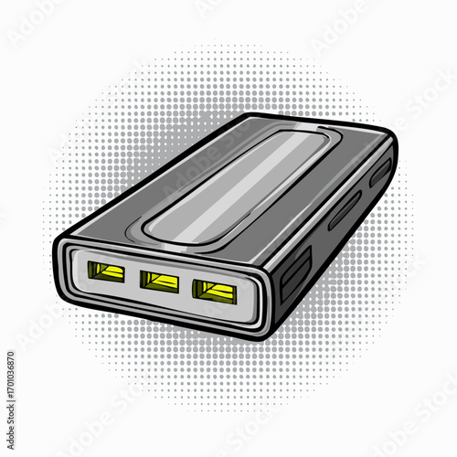 Vektor einer schlanken Powerbank, rechteckig, grau, mit USB-Anschlüssen.