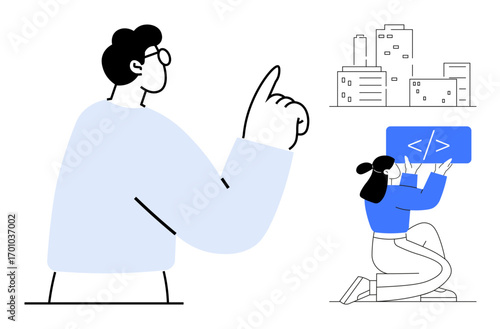 Two individuals collaborating one coding and another pointing towards innovative ideas. City building elements. Ideal for teamwork, coding, innovation, collaboration, software, urban planning, simple