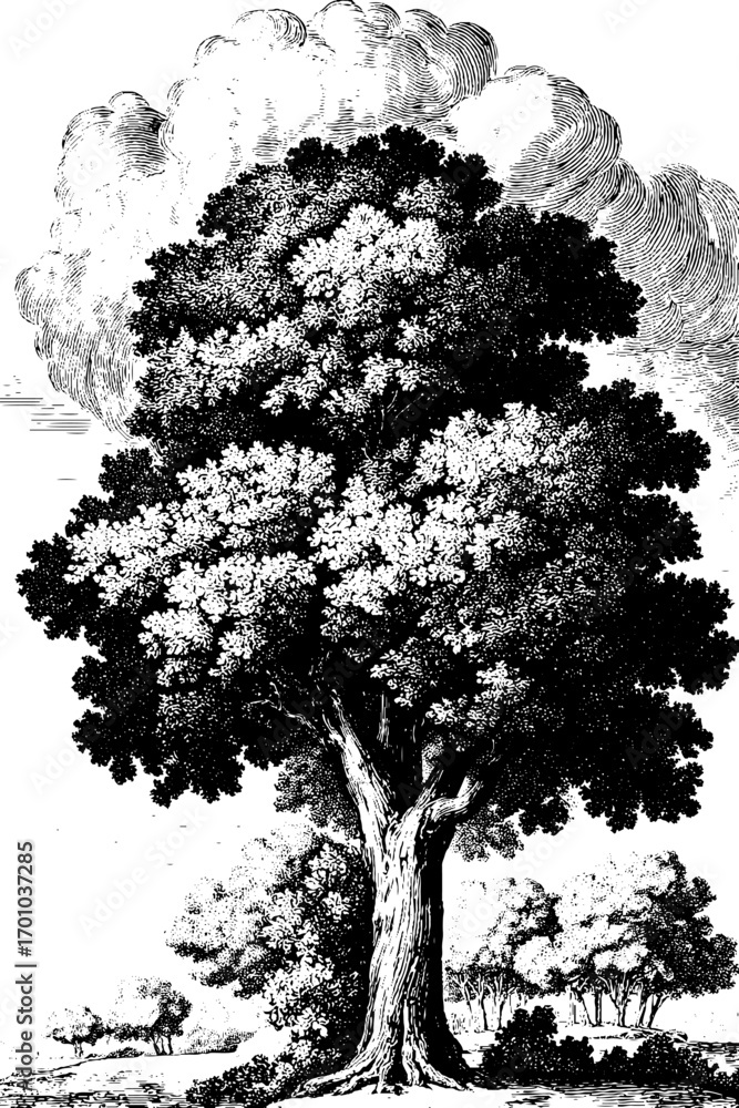 Fototapeta premium Majestic oak tree in vintage engraving style for nature art and design