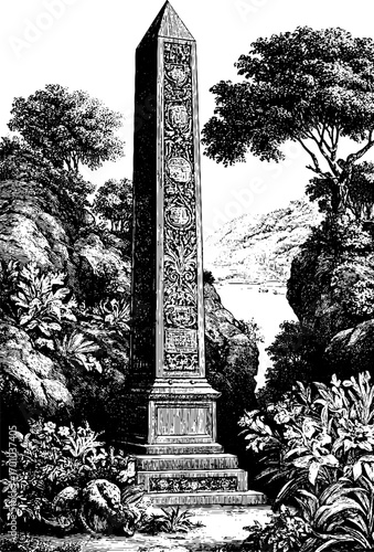 Vintage engraving of historic obelisk amidst lush landscape