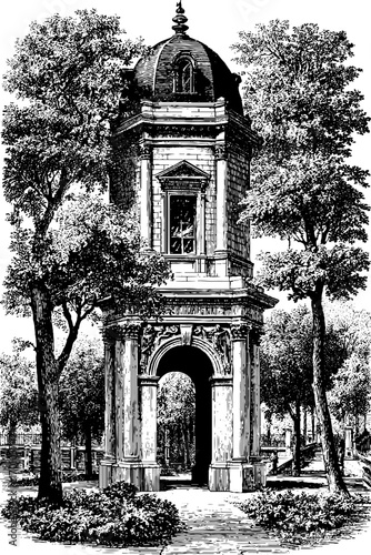 Vintage observatory tower in engraving style for historical design and print