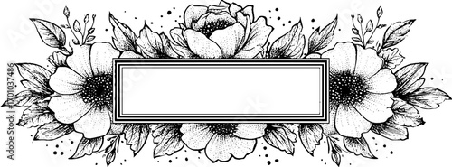 Vintage engraving style illustration of floral office paper label design