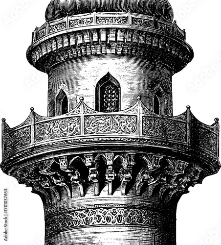 Vintage oriental architecture in detailed engraving sketch for design and decor