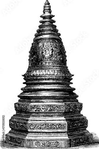 Vintage hand-drawn illustration of an ornate asian pagoda structure in engraving style for design use