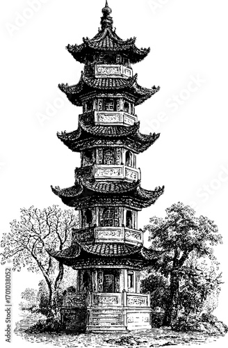 Intricate vintage pagoda sketch for architectural design and décor