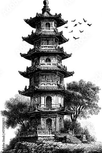 Traditional pagoda amidst nature in vintage engraving style