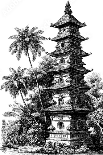 Vintage pagoda sketch in tropical setting for cultural design projects