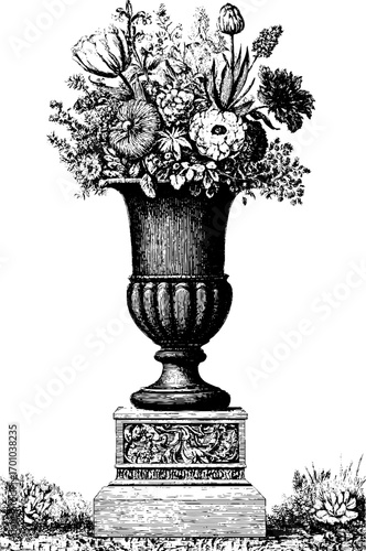 Vintage engraving style pedestal with ornate floral arrangement for classic décor and design