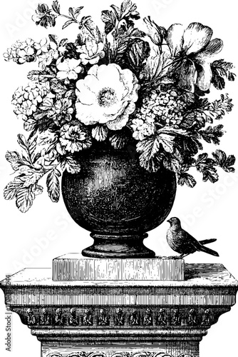 Vintage hand drawn engraving of floral vase on pedestal with bird
