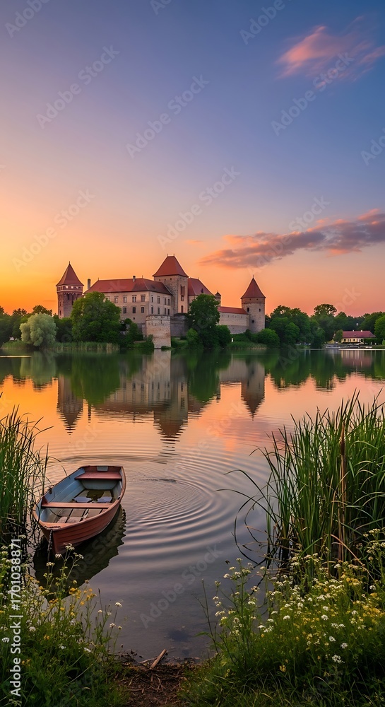Fototapeta premium Serene lake view featuring a majestic castle reflecting in the tranquil waters at sunset