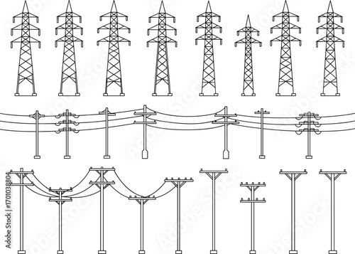 Black and white line art of electric transmission towers and utility poles with power lines, energy infrastructure, electrical grid design