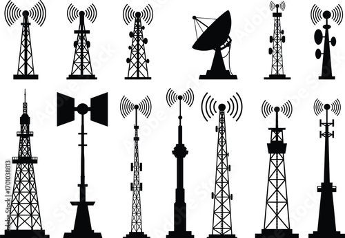 Collection of communication towers, antennas, and satellite dishes, telecommunication infrastructure silhouettes, broadcasting and wireless signal transmission structures for data networks
