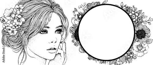 Vintage pin-up portrait with floral frame in engraving style for card design