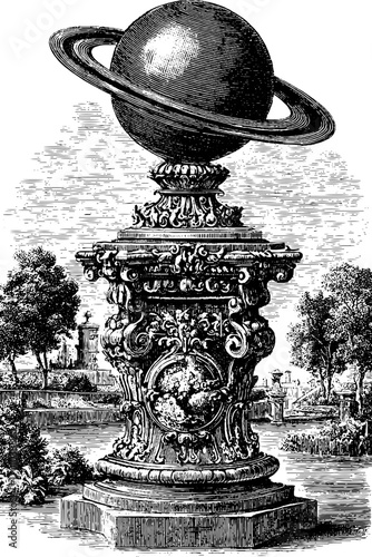 Vintage planetary sculpture in elaborate ornamental setting
