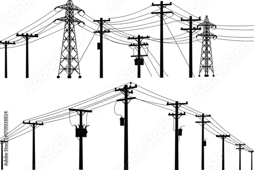 Electric power lines and utility poles with transmission towers, vector silhouette of energy infrastructure and high voltage distribution network