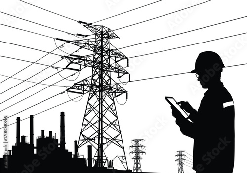 Electric engineer silhouette, power transmission tower, industrial factory background, energy infrastructure, electrical network, high voltage lines, utility worker with tablet