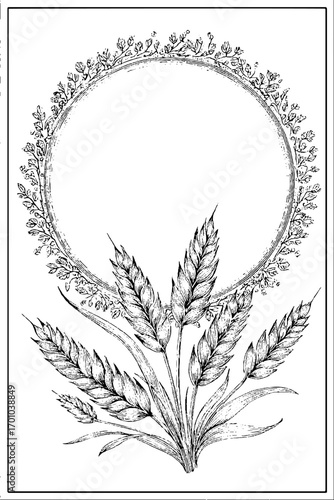 Vintage engraving style illustration of wheat and floral wreath for label design