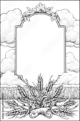 Vintage hand drawn engraving of agricultural plough scene with ornate frame design