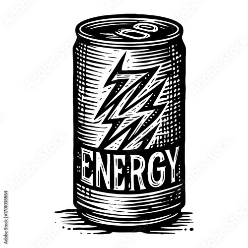 Classic Energy Drink Can with Bolt Symbol Label Black and White Outline Line Art Drawing Style Engraving