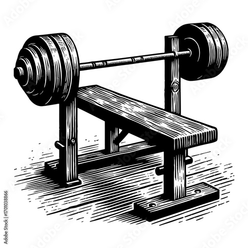 Gym Weight Bench with Barbell on Rack Black and White Outline Line Art Drawing Vintage Style Workout Equipment