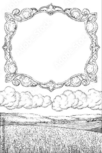 Rustic farm landscape with ornate frame in vintage engraving style for design
