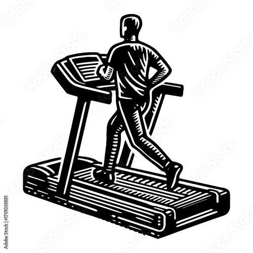 Person running exercising on a treadmill machine back view in a retro vintage Black and White Outline Line Art Drawing style