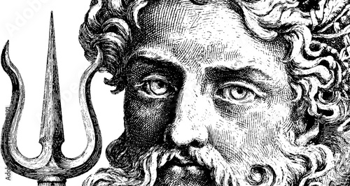 Vintage engraving style illustration of poseidon with trident