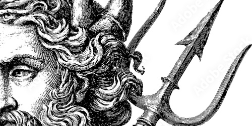 Vintage engraving of poseidon with trident - retro hand-drawn illustration
