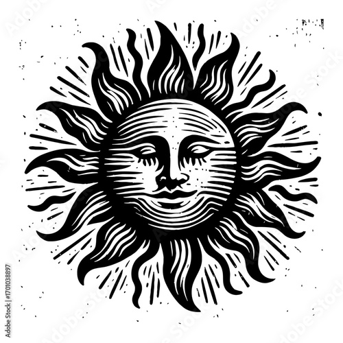 Mystical Sun Face with Sunbeams and Rays in Vintage Woodcut Black and White Outline Line Art Drawing