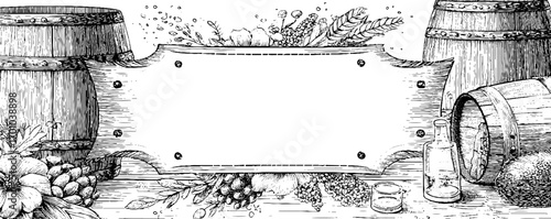 Rustic vintage engraving style label design with barrels and botanicals