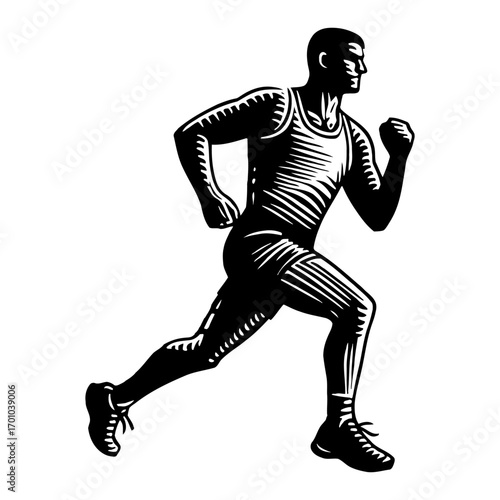Male Athlete Runner in Action Pose Black and White Outline Line Art Drawing Vintage Engraving Style