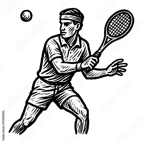 Black and White Outline Line Art Drawing Tennis Player Hitting Ball with Racket Vintage Engraving Style Isolated