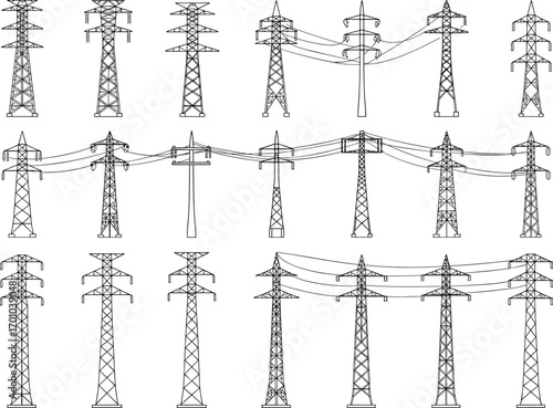 Electric transmission tower types, power line structures, utility pole silhouettes, energy grid elements, pylon variations, high voltage tower designs