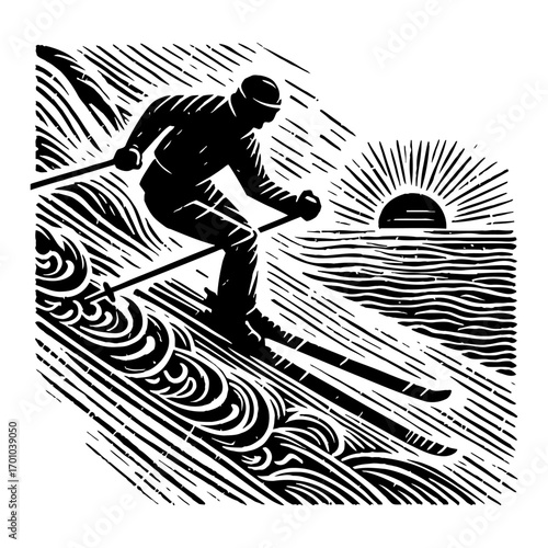 Dynamic Skier Downhill Skiing with Sunset Horizon in Black and White Outline Line Art Drawing Graphic