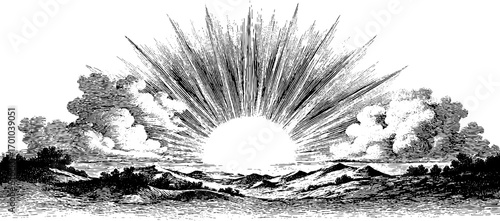 Vintage engraving of radiant sunrise over scenic landscape for design