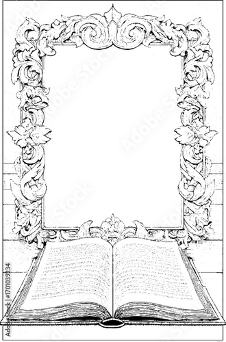 Ornate vintage engraving of open book with decorative frame for retro design