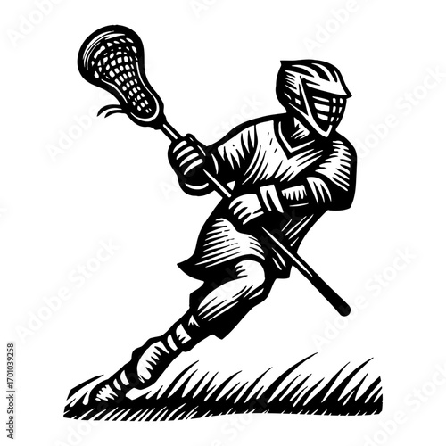 Dynamic Lacrosse Player Running with Stick in Woodcut Style Black and White Outline Line Art Drawing