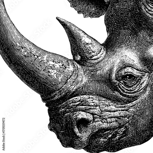 Vintage engraving style illustration of rhinoceros head in detailed sketch