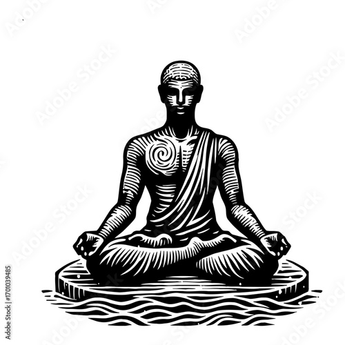 Front View Meditating Spiritual Figure Lotus Pose Black and White Outline Line Art Drawing Calm Zen Yoga
