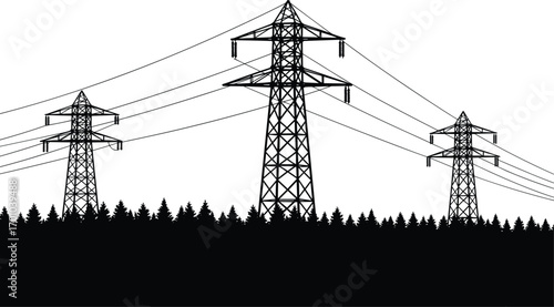 Electricity transmission towers in forest landscape, high voltage power lines, energy infrastructure, electricity pylons, forest background, silhouette illustration