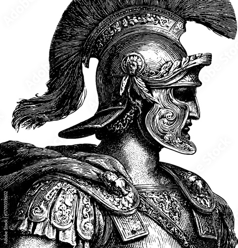 Ancient roman warrior helmet and armor in vintage engraving style for design and decoration