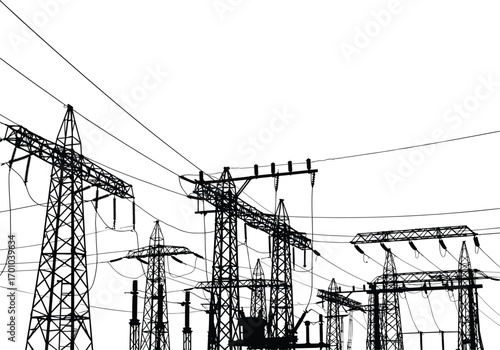 High voltage electricity substation, power transmission towers, electric grid network, utility infrastructure, energy distribution, wires, cables, silhouette scene