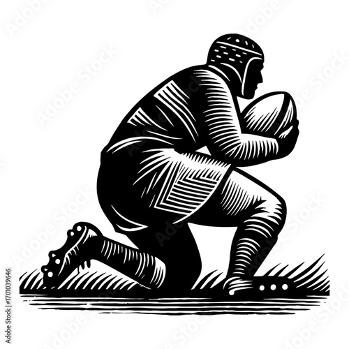 Rugby Player Kneeling Down and Holding Rugby Ball in Classic Vintage Black and White Outline Line Art Drawing