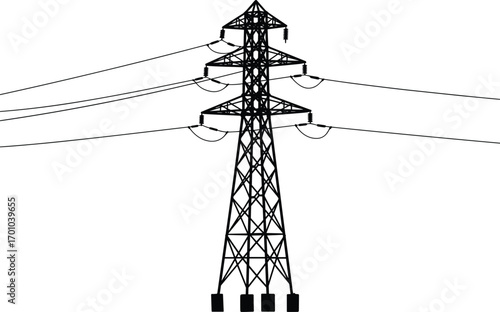 High voltage electricity transmission tower, power lines, metal pylon structure, energy distribution, industrial utility infrastructure, electrical grid system, silhouette