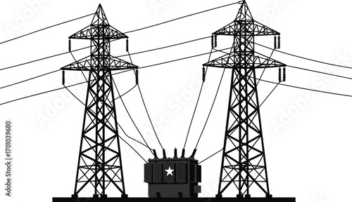 High voltage transformer, power transmission towers, electric power lines, electrical substation, energy distribution, utility infrastructure, electricity grid, power system